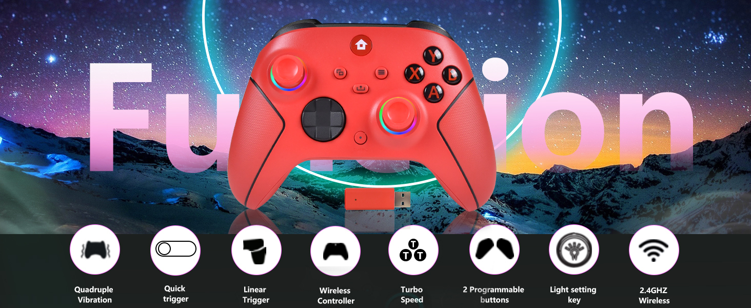 Red gaming controller icon with button layout diagram showing various control functions and button mappings against a colorful gradient background.