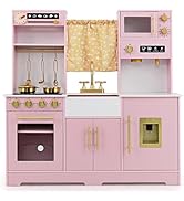 Wooden children's play kitchen set with natural finish, featuring multiple sections including stove, sink, and clock on the wall.