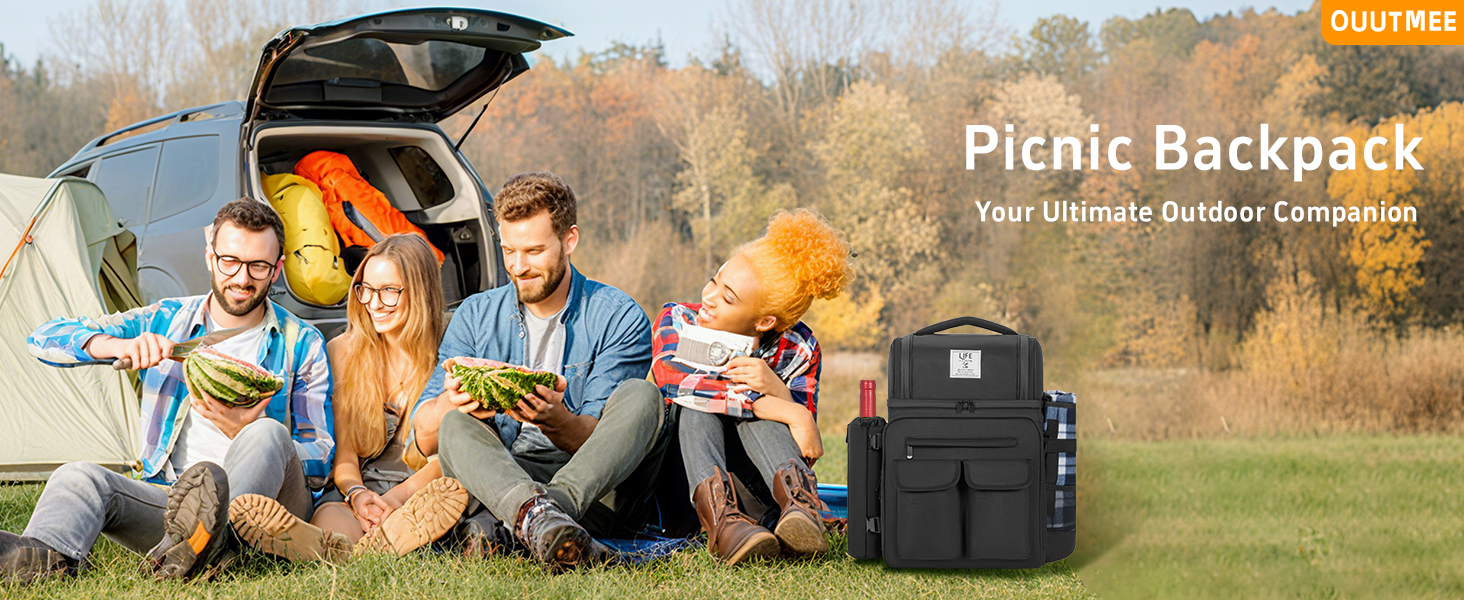 Text reads 'PICNIC Backpack'. Black insulated backpack cooler shown in outdoor setting with people enjoying picnic in background.