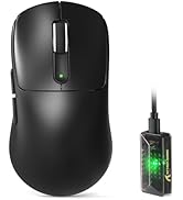 White wireless computer mouse next to small bottle of clear liquid with dropper cap.