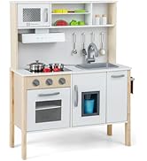Maxmass Wooden Kids Kitchen Play Set, Toddler Pretend Toy Kitchen with Light, Sound, Telephone, W...