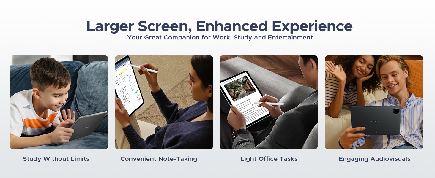 Text reads 'Larger Screen, Enhanced Experience'. Four lifestyle photos showing people using devices in various settings - on desk, in car, and relaxing positions.