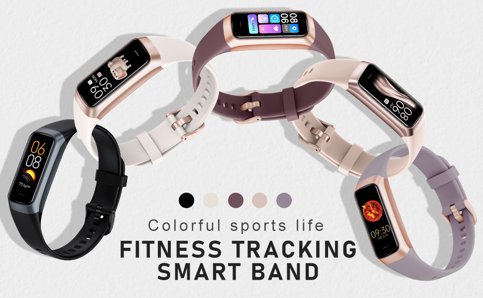 Text reads 'FITNESS TRACKING', 'SMART BAND', 'Colorful sports life'. Multiple views of smart fitness bands in different colors with digital displays showing various functions.