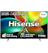Text reads 'Hisense' '2025 ULED MiniLED'. Multiple promotional images of a flat-screen television showing thin bezel design and stand mounting options.