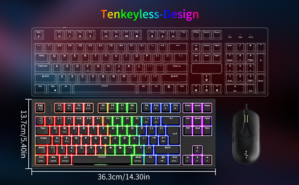 Text reads 'Customise for Gaming and Work'. Gaming setup featuring RGB backlit mechanical keyboard with visible customizable lighting effects against dark background.
