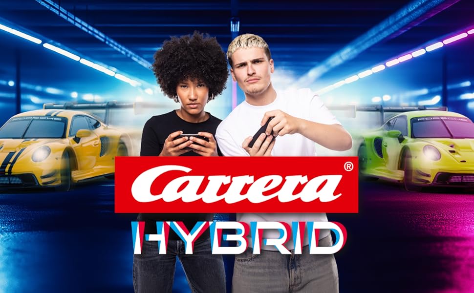 Text reads 'Carrera HYBRID'. Marketing image showing race cars against dramatic purple-blue lighting effects with bright beams.