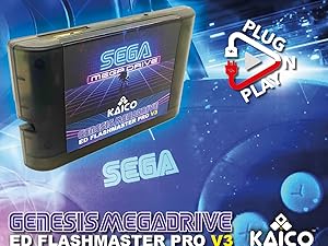 Text reads 'ED FLASHMASTER PRO V3', 'KAICO', 'Card via Cartridge Slot', 'SEGA'. Multiple gaming interface screens shown on dark background with blue technological aesthetic.