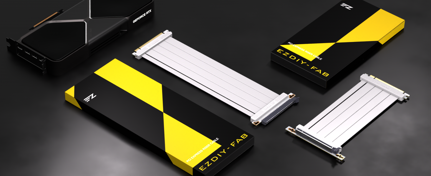 Product photography of sleek black and yellow portable devices including what appears to be external drives or storage units against dark background