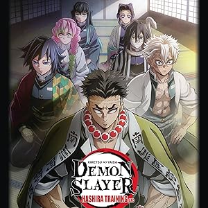 Text reads 'DEMON SLAYER'. Series of animated illustration panels showing dramatic character scenes.