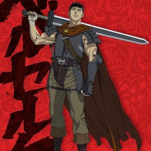 Animated illustration against red patterned background showing figures in action poses with medieval/fantasy-style clothing and weapons.