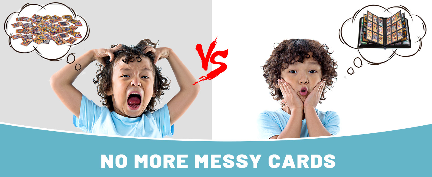 Split-panel comparison image showing 'No More Messy Cards' text with thought bubbles contrasting disorganized versus organized card storage.