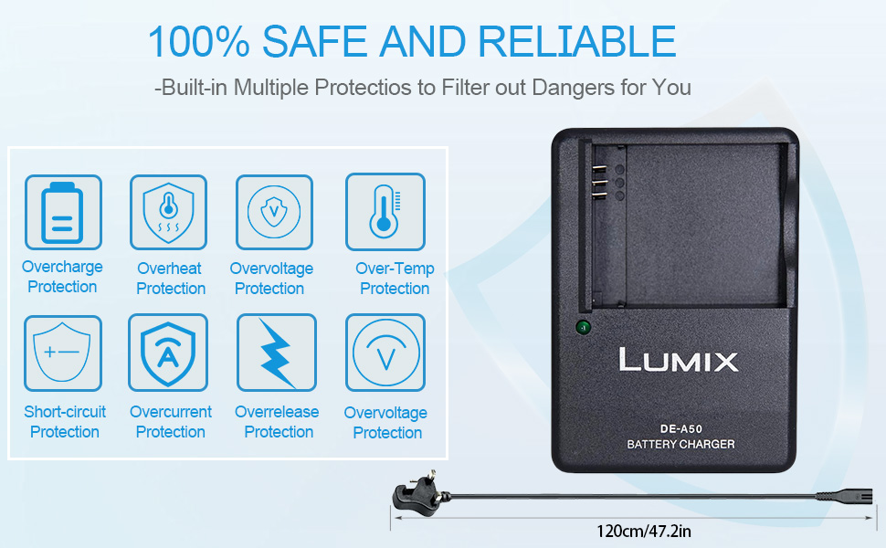 Text reads 'COMPATIBILITY LIST' followed by camera model information. Shows black camera battery charger with technical specifications.