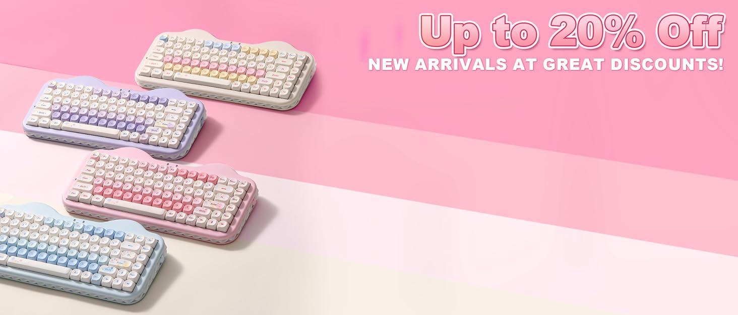 Multiple mechanical keyboards displayed in different colors against pink background. Keyboards feature compact design with varying LED backlight colors including pink, blue, and white.
