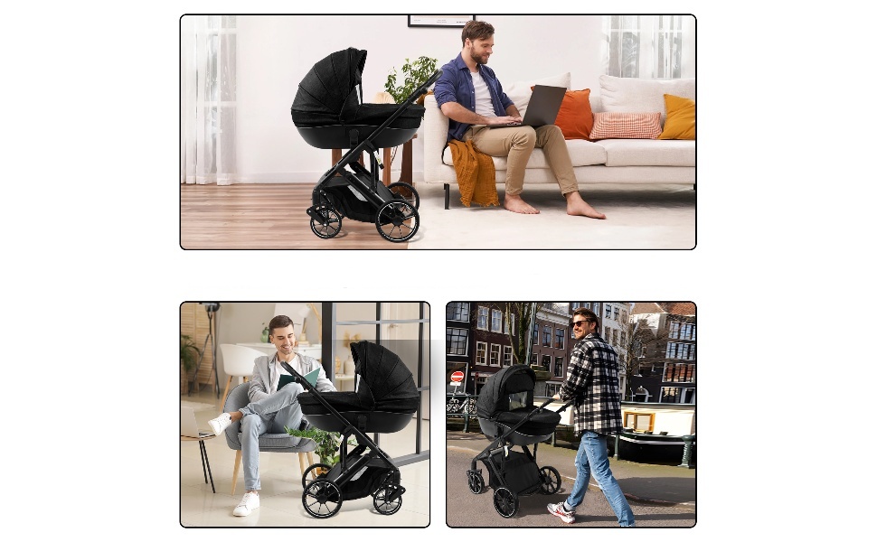 Text reads 'Stroller gloves, soft and warm.' Series of product images showing black winter gloves designed for stroller use, with demonstration of attachment.