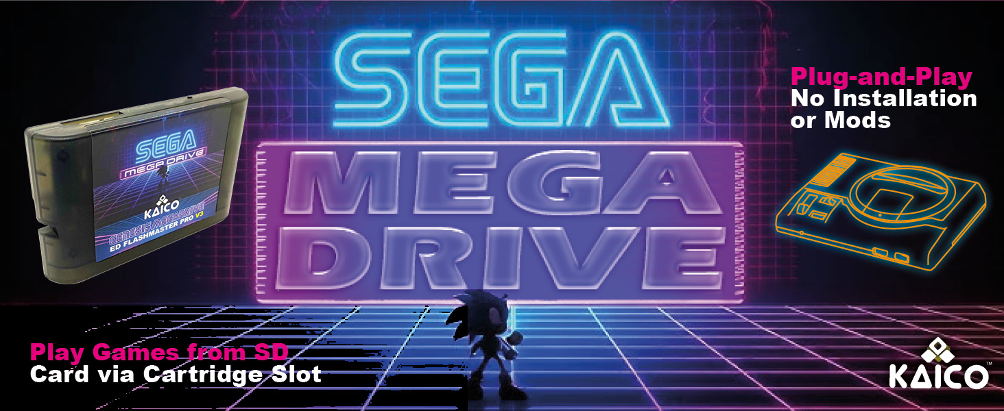 Text reads 'SEGA', 'MEGA DRIVE', 'No Installation', 'Play Game', 'Card via Cartridge slot'. Retro gaming system interface screens with neon-style graphics.