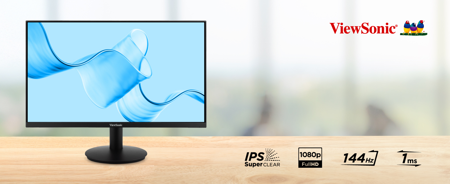 Text reads 'ViewSonic'. Computer monitor display with blue wave graphics. Technical icons showing IPS, 144Hz, and other specifications visible at bottom.