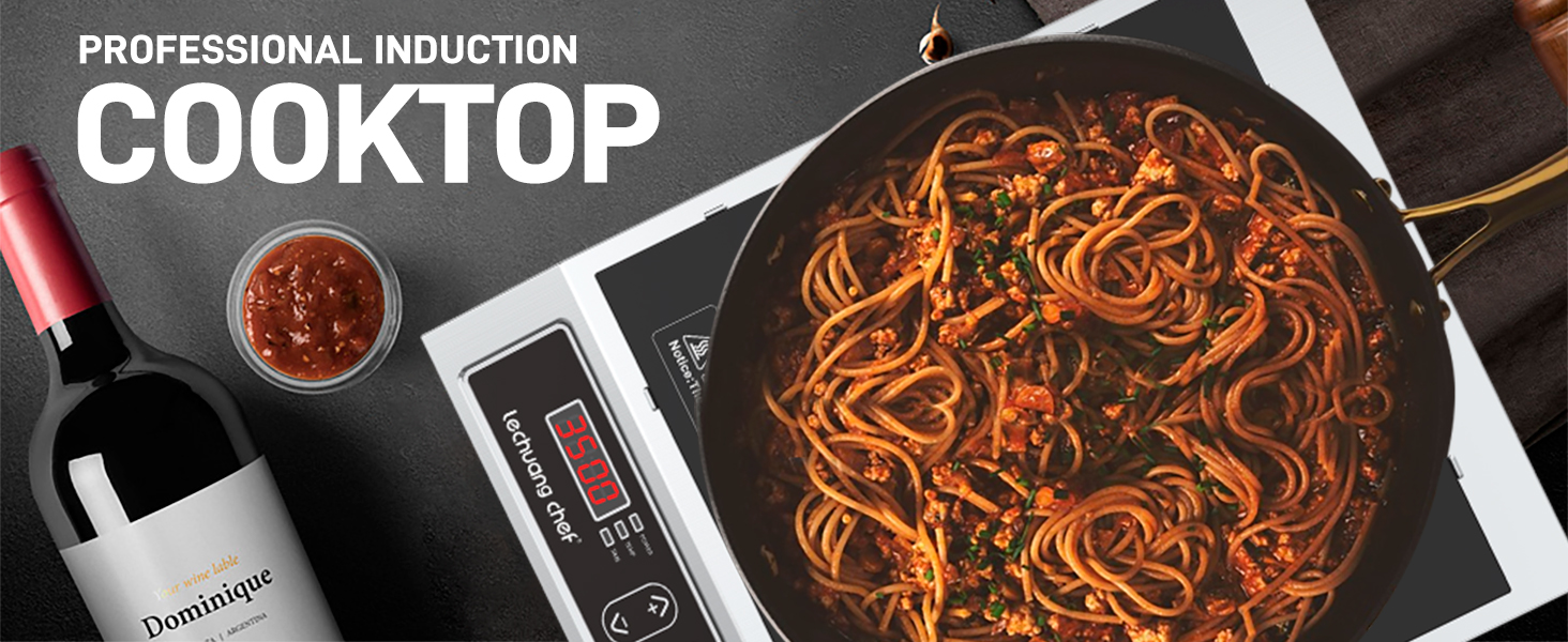Text reads 'PROFESSIONAL INDUCTION COOKTOP'. Induction cooktop surface with glowing orange pattern visible on black cooking surface.
