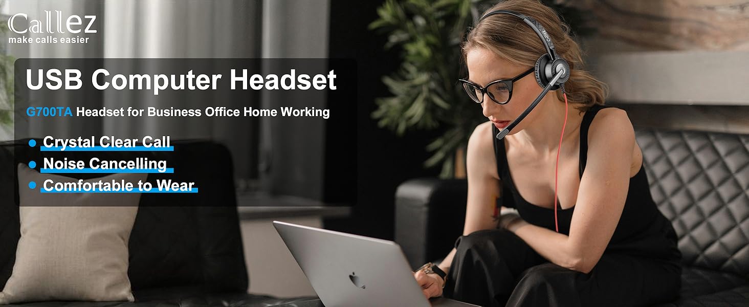 Text reads 'USB Computer Headset'. Image shows person wearing headset while seated at desk with computer.