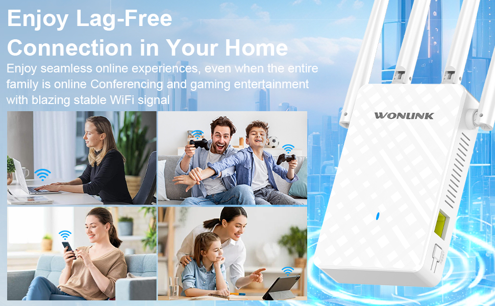 Text reads: 'All in One Internet Booster WiFi Extender'. White multi-antenna WiFi router shown with blue signal waves, surrounded by connected device icons.