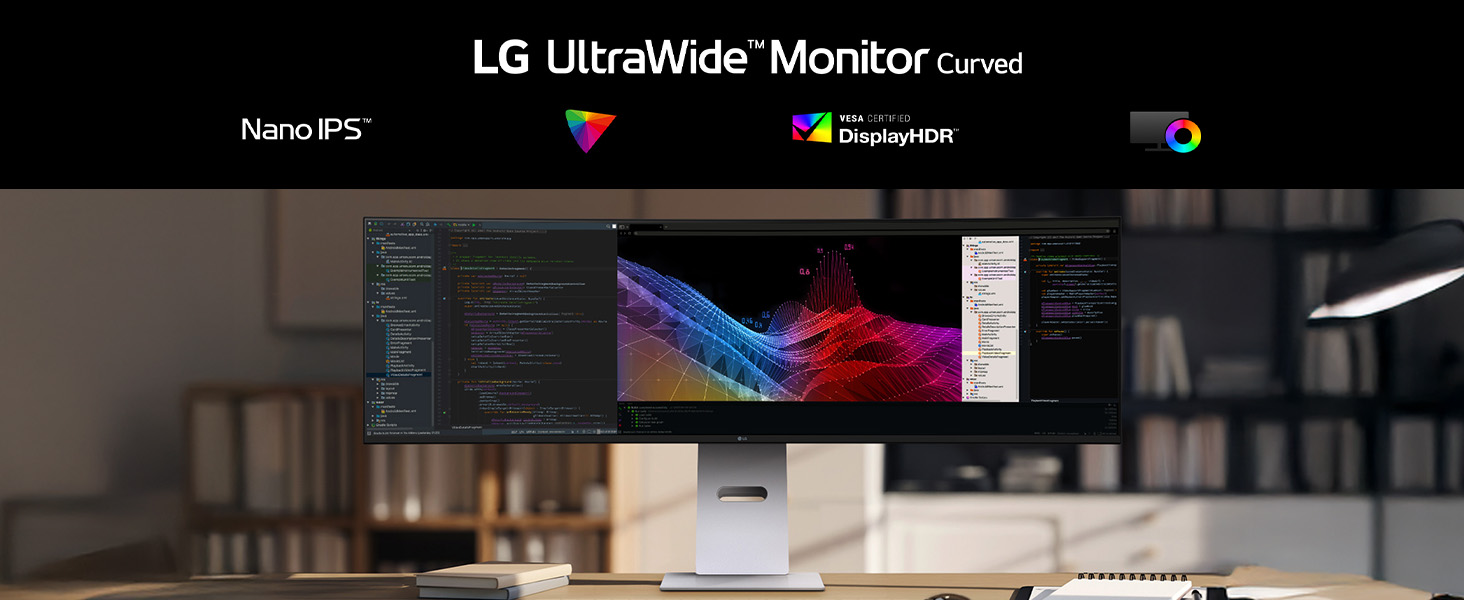 Text reads 'LG UltraWide Monitor'. Shows computer monitor display featuring multiple windows and colorful graphics in a desktop workspace setting.