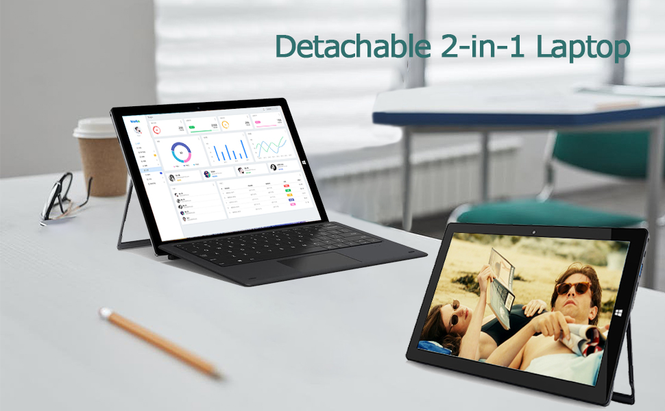 Detachable 2-in-1 laptop showcased in tablet and laptop modes. One screen displays work-related charts, the other shows a leisure image.