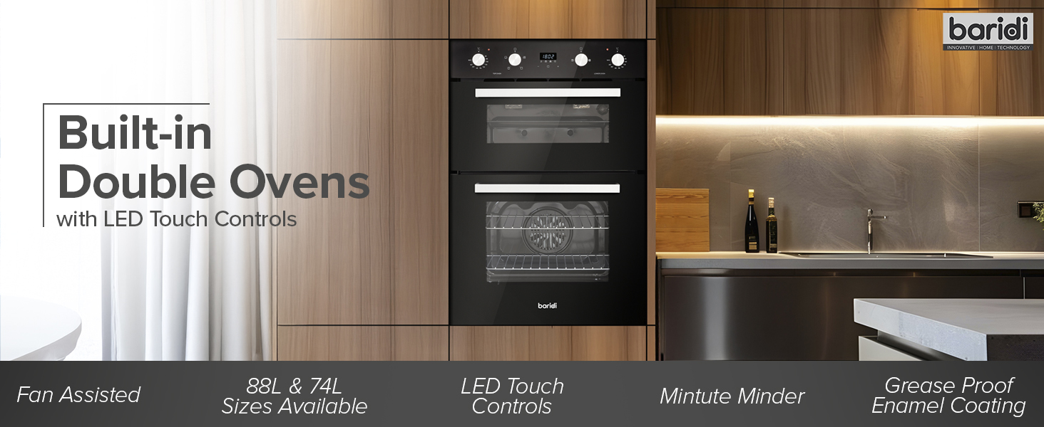 Text reads 'Built-in Double Ovens'. Series of professional-grade stainless steel double wall ovens installed in kitchen cabinets with control panels and digital displays.
