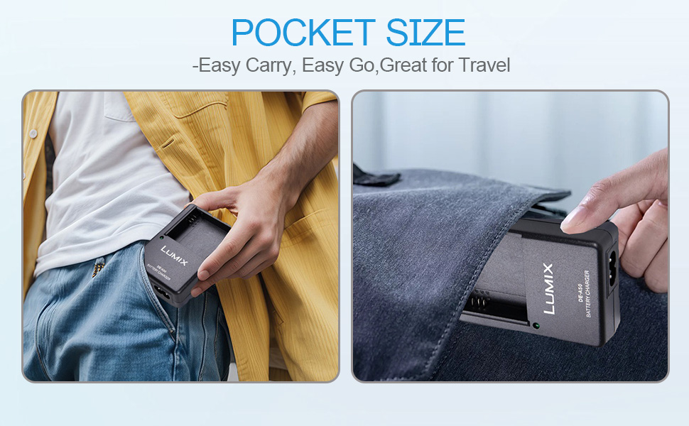 Text reads 'POCKET SIZE'. Split image showing compact device being carried in jean pocket and being inserted into back pocket, demonstrating portability.