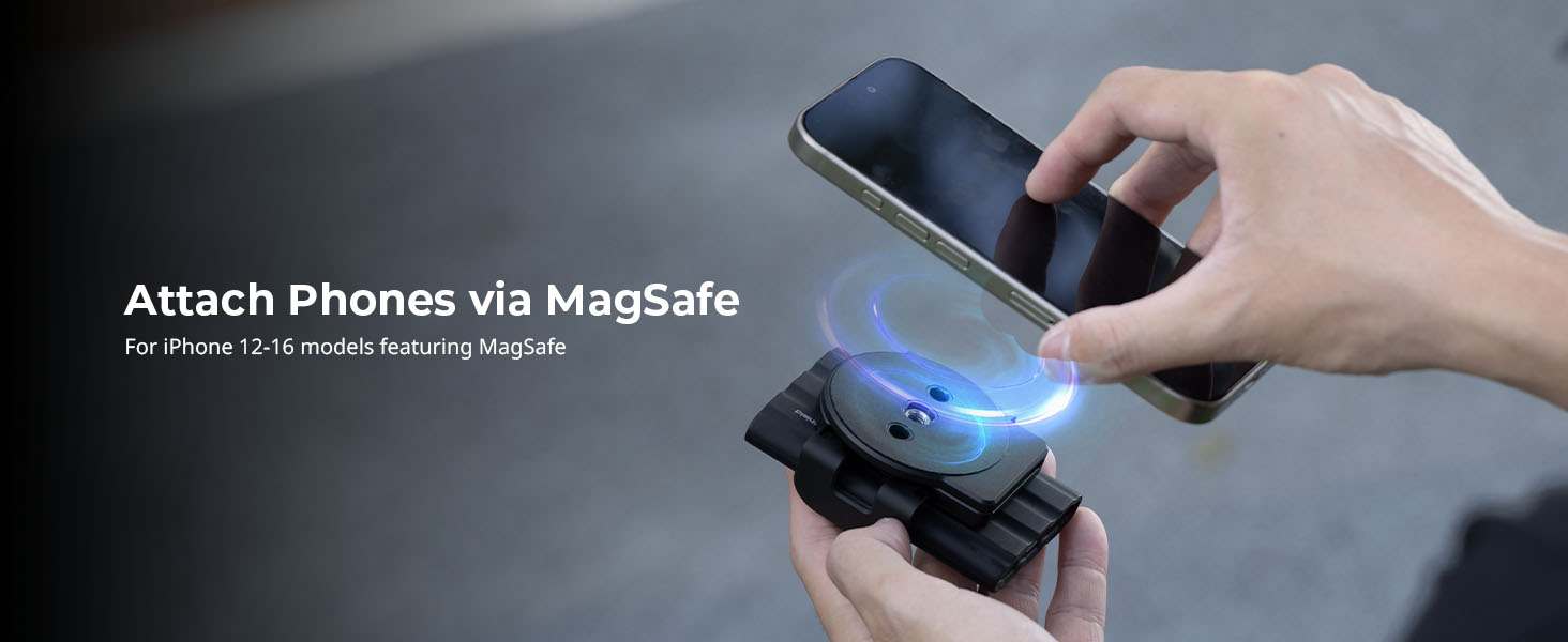 Text reads 'Attach throwin via MagSafe'. Hand holding a smartphone with blue illumination, demonstrating attachment functionality.