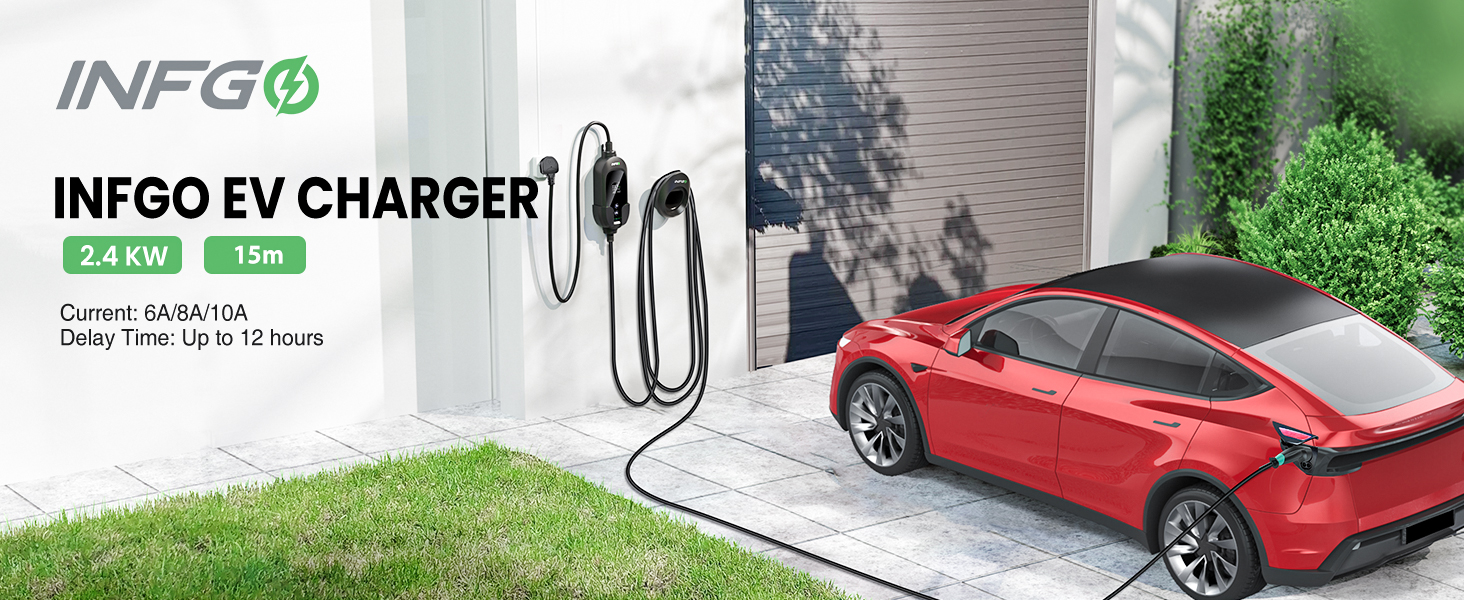 Text reads 'INFO EV CHARGER'. Multiple images showing electric vehicle charging station installation and usage with red car.