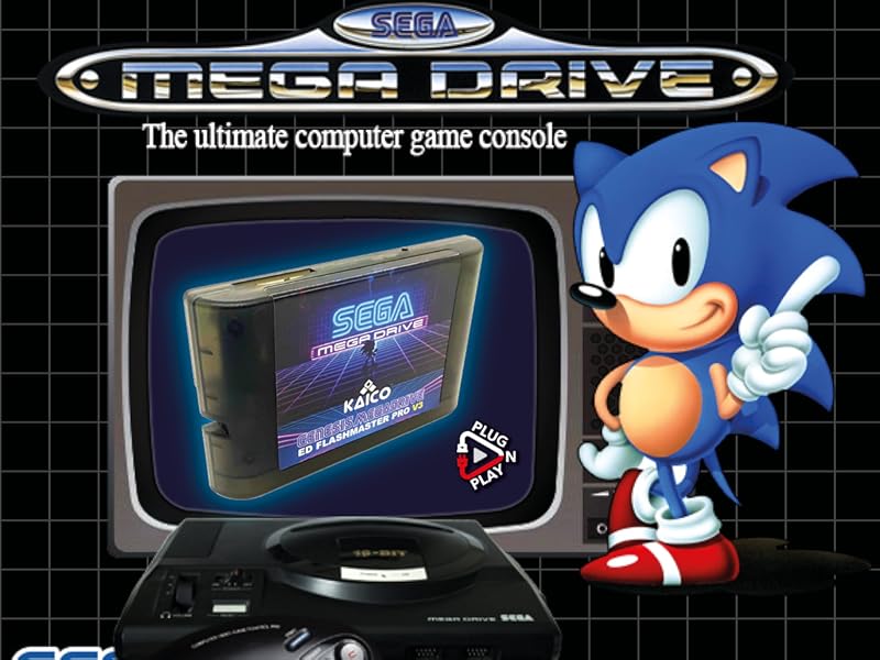 Text reads 'KAICO GENESIS/MEGADRIVE ED FLASHMASTER PRO V3' and 'Play Games from SD Card via Cartridge Slot'. Shows gaming device with SEGA branding.