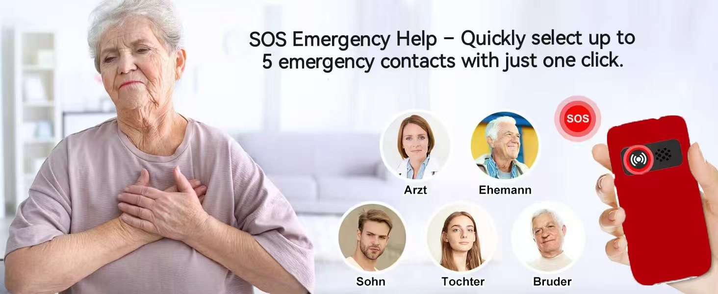 Text reads 'SOS Emergency Help'. Interface showing emergency contact options and assistance features with simple icon designs.