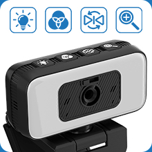 Text shows '360°' and '180°'. Webcam or security camera shown from multiple angles, demonstrating its rotation capabilities with blue directional arrows indicating movement range.