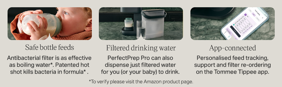 Text reads 'Clump-free feeds, The separate powder and water spoons mean no'. Product information or instruction panels in black and white.