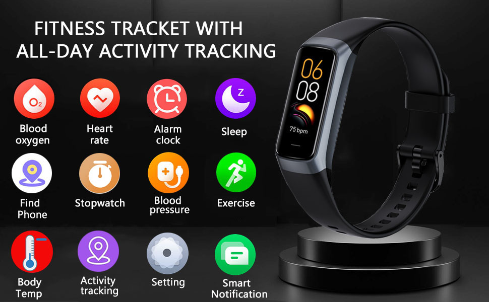 Text reads 'FITNESS TRACKER WITH ALL-DAY ACTIVITY TRACKING'. Digital interface showing fitness tracking icons including phone, stopwatch, alarm, exercise, and sleep monitoring functions.