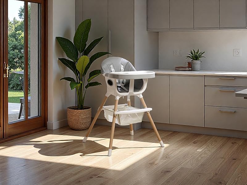 Modern minimalist kitchen interior with white cabinets, large window letting in natural light, white chair, and indoor plants.