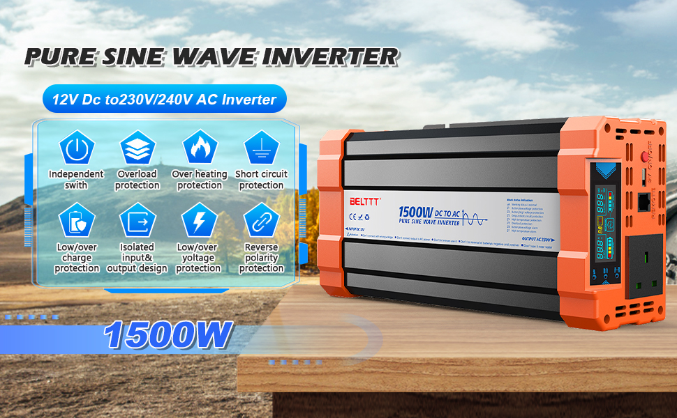 Text reads 'PURE SINE WAVE INVERTER' and '1500W'. Orange and black power inverter units shown in outdoor settings with technical specifications.