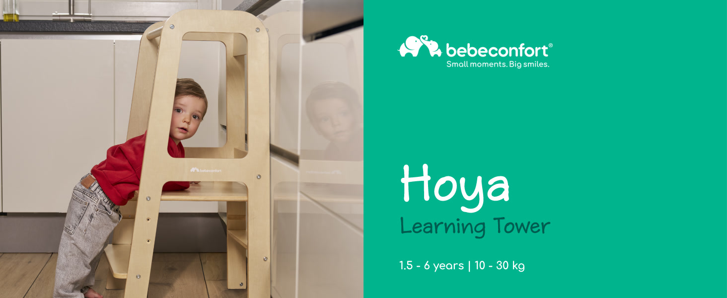 Text reads 'Hoya'. Product images showing what appears to be a cat tower or climbing structure against turquoise background with 'bebeconfort' branding.