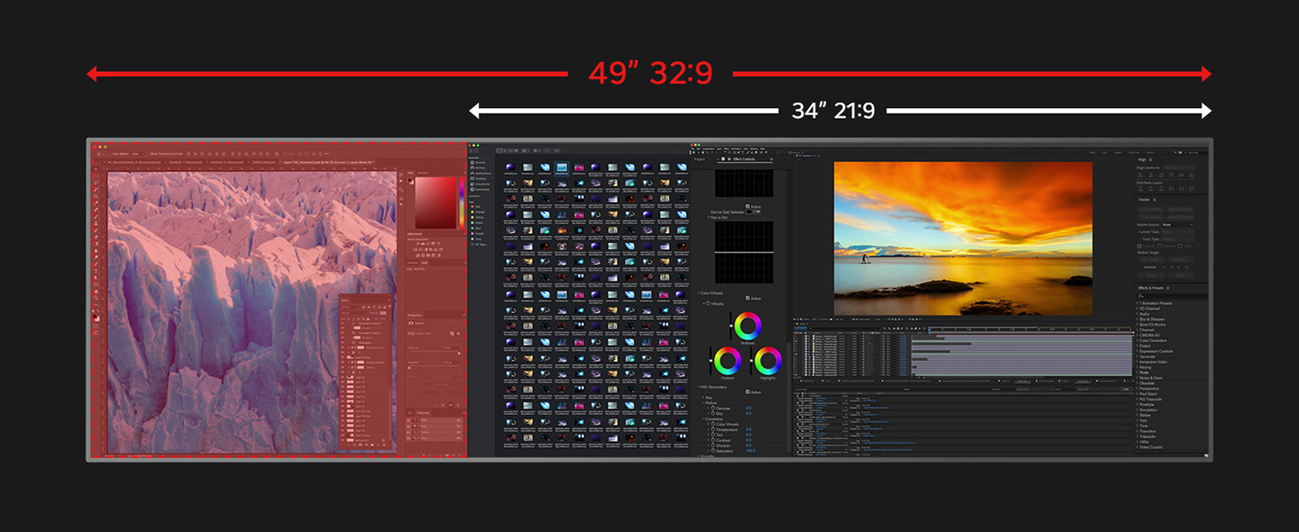 Computer interface display showing multiple panels with landscape images, numerical data, and technical readouts against a dark background.