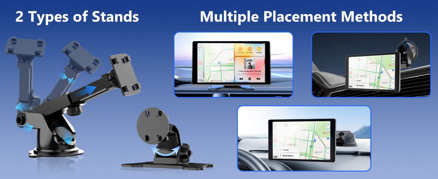 Text reads '2 Types of Stands' and 'Multiple Placement Methods'. Shows various mounting options for device stands with computer screens and tablets displayed.