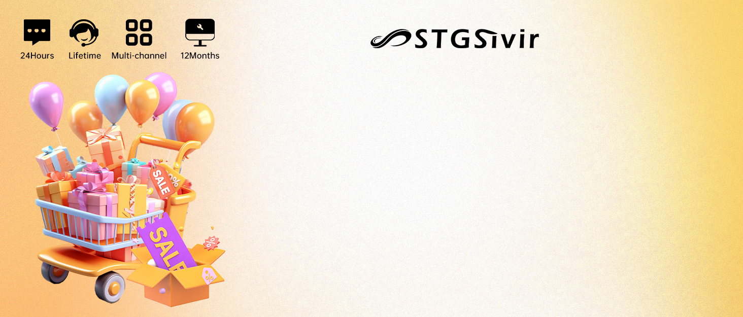 Digital illustration of a shopping cart filled with colorful balloons and gift boxes against a yellow-orange gradient background, with interface icons above.