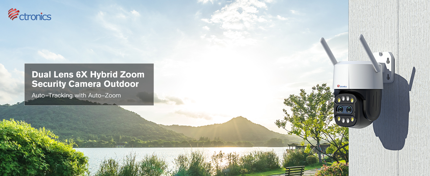 Outdoor security camera with dual lens 6X hybrid zoom capability mounted on wall, shown against scenic lake and mountain background.