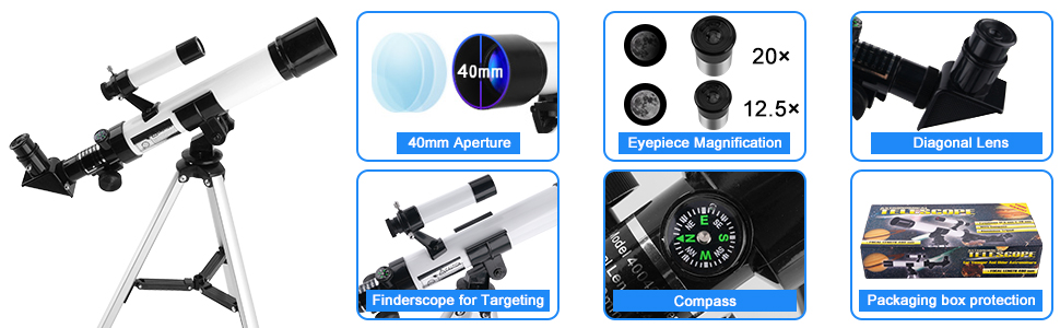 Telescope diagram showing 150-degree and 360-degree rotation capabilities, set against starry space background with Earth visible below.