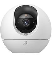 White EZVIZ security camera with 2.5K resolution and 4X zoom capability shown with phone app display monitoring interior space.