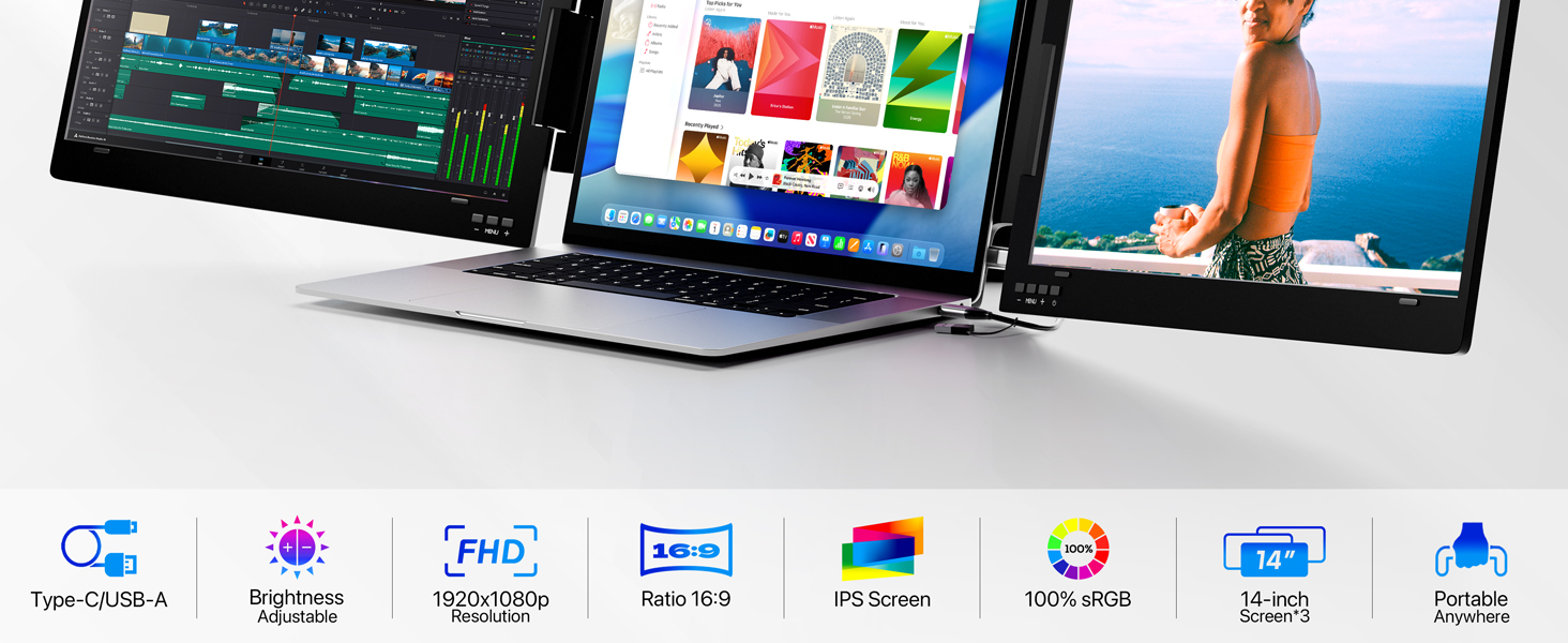 Three computer monitors displaying different screens, with app icons shown below including accessibility and system symbols.