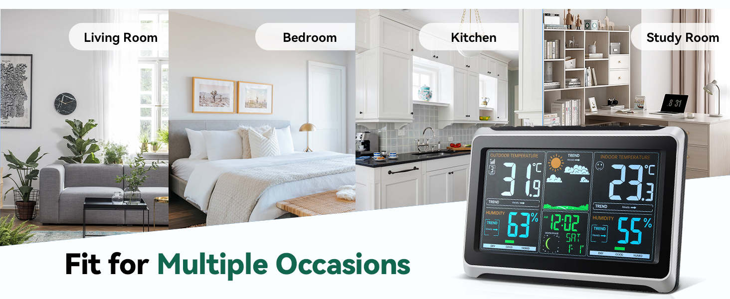 Series of outdoor photography scenes showing various weather conditions including rain, snow, and sunny days, with icons labeled for different weather types.