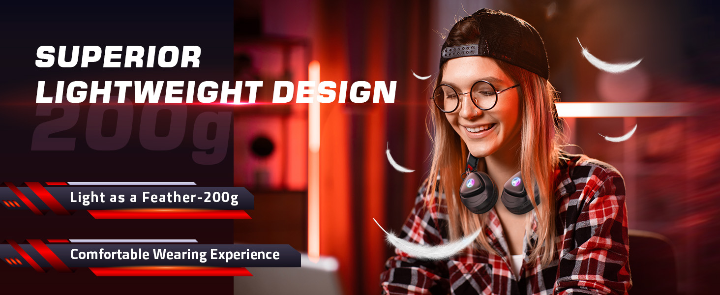 Advertisement highlighting lightweight headphones with 'Superior Lightweight Design' text and 200g weight specification against red background.