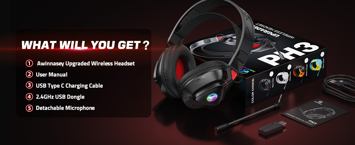 Gaming headset product package contents: headphones with microphone, USB charging cable, user manual, and detachable microphone, listed with checkmarks.