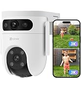 Black outdoor security camera with two large circular LED floodlights. Features a wide-angle lens and compact design. Camera body mounted between the lights on an adjustable base.