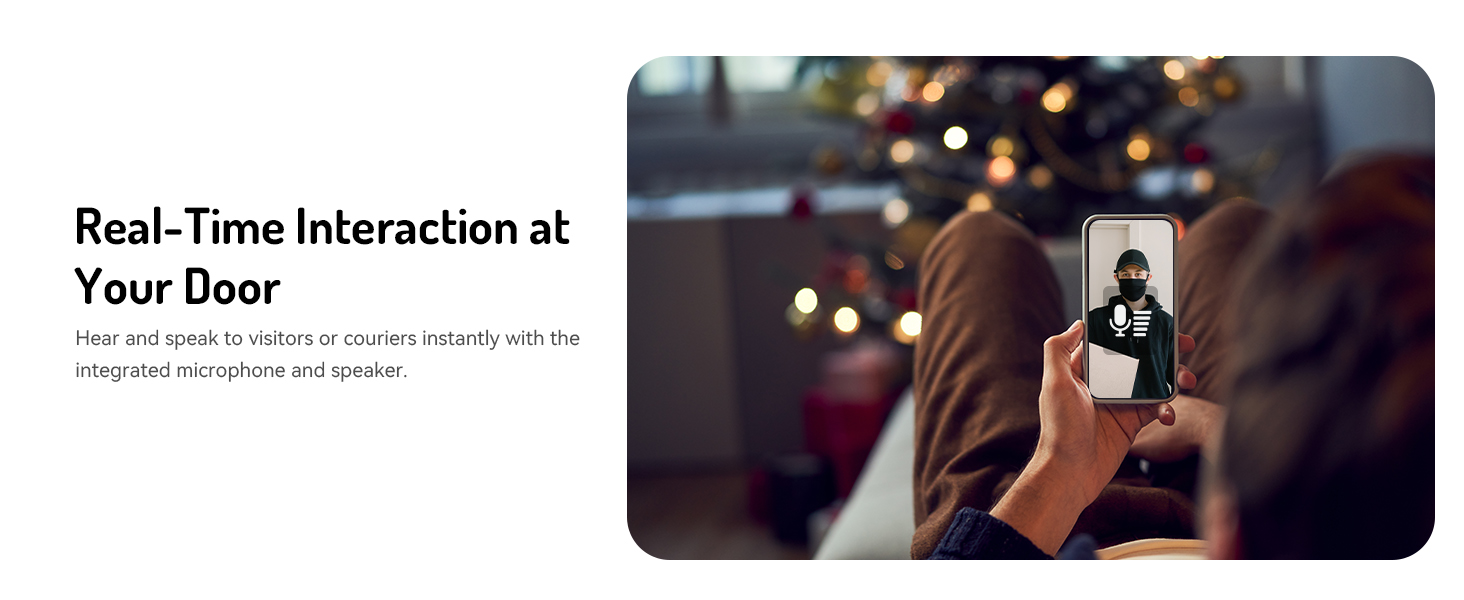 Text reads 'Real-Time Interaction at Your Door'. Nighttime scene showing smartphone screen displaying doorbell camera view with bokeh lights in background.