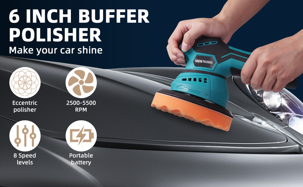 Teal and black 6-inch buffer polisher for car detailing. Features include eccentric polishing, 2500-2500 RPM, 6 speed levels, and portable battery. Shown polishing a car hood.